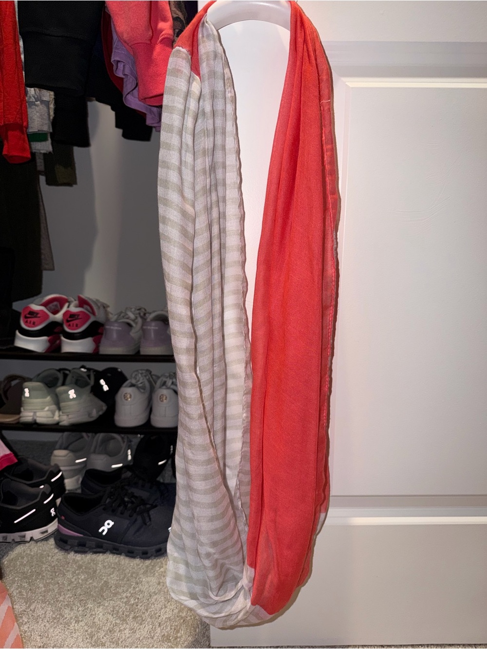 Lightweight Coral and Beige Stripe Infinity Scarf